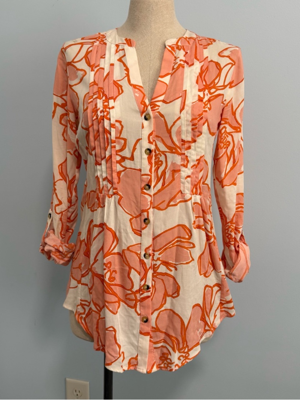MAEVE by Anthropologie Floral Pintucked Long Sleeve Button‎ Down Top Size S